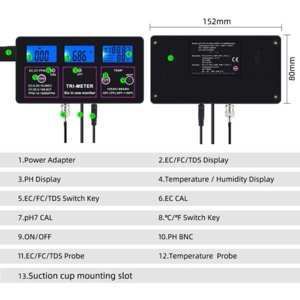 Medidor 6 En 1 Calidad Agua Multifunción PH EC CF TDS EC