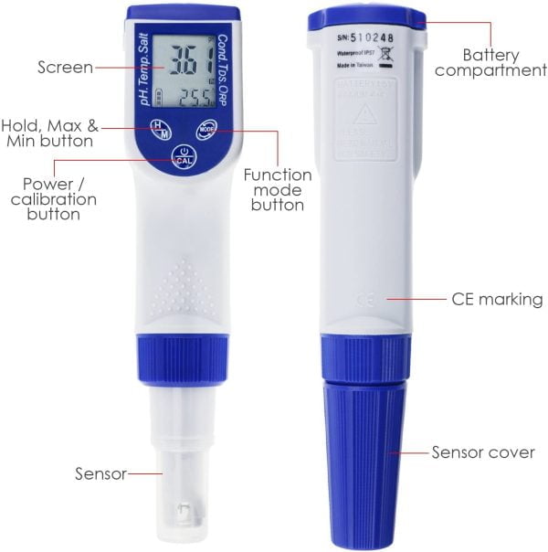 Medidor De Calidad De Agua 6 En 1 Digital Ip57 Ph Ec Tds
