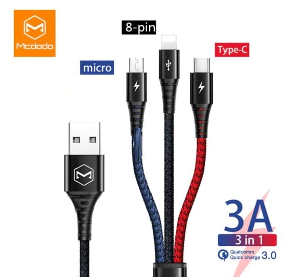 Cable Carga Rápida 3.0 Usb Tipo C Micro Usb Lightning 3 En 1
