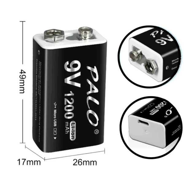 Bateria Recargable 9v 1200 mAh 6f22 USB C Iones de Litio