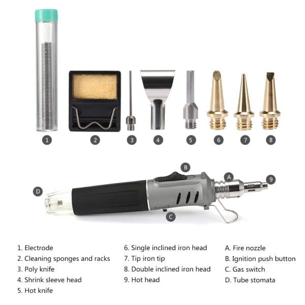 Kit Cautin Soldador de Gas 10 en 1 Multifunción HS-1115K Pistola Pulverizadora Encendedor Butano Equipo de Soldadura