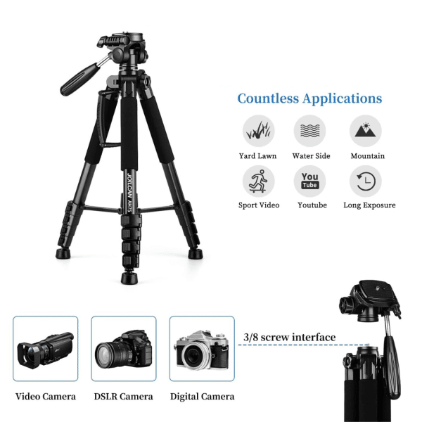 Trípode para Cámara y Celular JOILCAN 74" Alto Resistente DSLR Viaje Profesional Canon iPhone 15lb