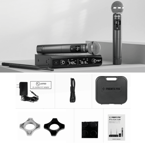 Sistema de Micrófono Inalámbrico Dual con Salto de Frecuencia UHF PHENYX PRO PTU-52-2H