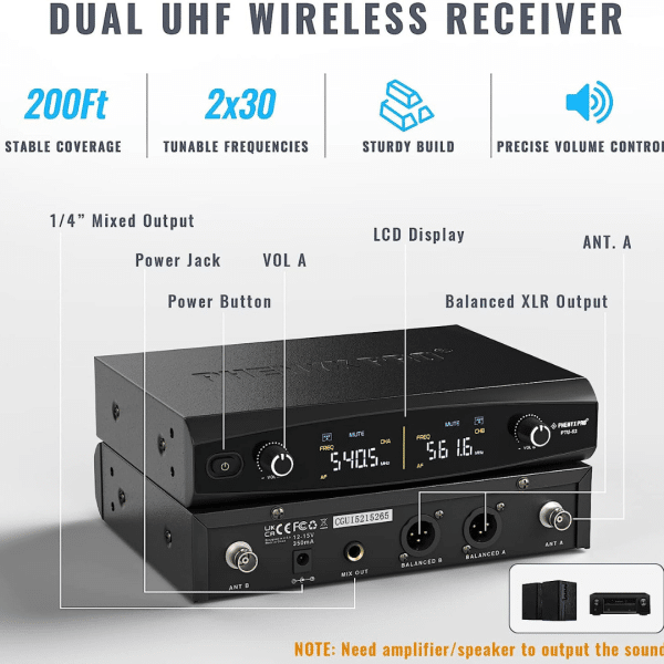 Sistema de Micrófono Inalámbrico Dual con Salto de Frecuencia UHF PHENYX PRO PTU-52-2H