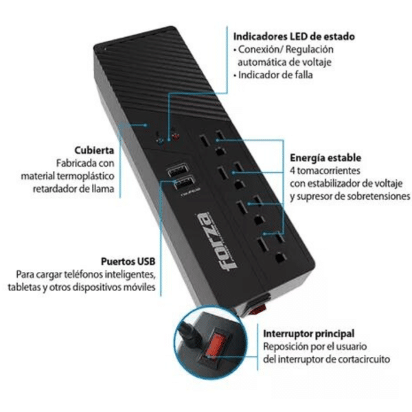 Regulador De Voltaje Forza 1000va 500w 2usb 2.0 4 Tomas 120v