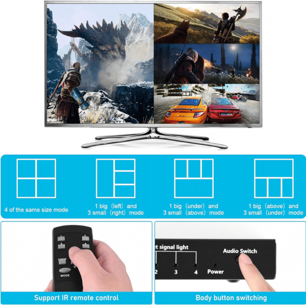 Multivisor Cuádruple 4K HDMI 4 x 1 Conmutador Soporta Extractor de Audio y Rotación 8 Modos