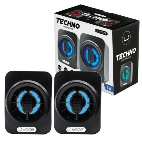 Parlantes Para Computadora Altavoz Full Sonido Stereo 3.5mm UNNO 6W 2.0 NEGRO LED