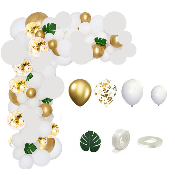 Kit de Fiesta Globos Blanco y Dorado Varios Tamaños