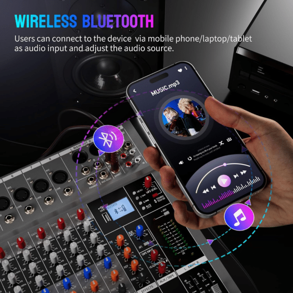 Consola Mezclador de Audio Profesional DJ Bluetooth 8 canales DSP 16 efectos XLR micrófono / línea AUX efectos