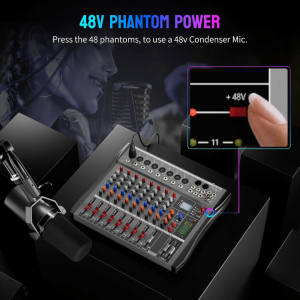 Consola Mezclador de Audio Profesional DJ Bluetooth 8 canales DSP 16 efectos XLR micrófono / línea AUX efectos