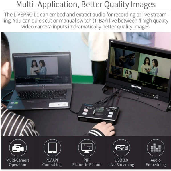 Mezclador de Video FEELWORLD LIVEPRO L1 V1 Conmutador de Transmisión en Vivo con 4 Entradas HDMI y Pantalla LCD