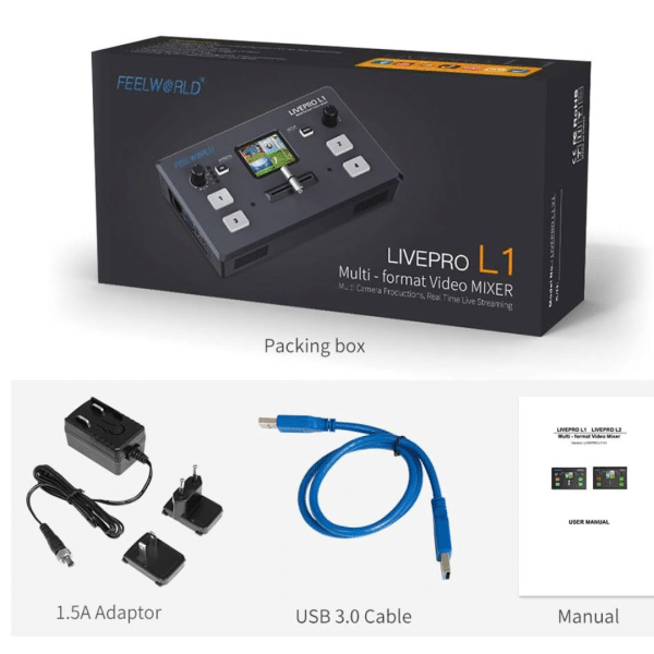 Mezclador de Video FEELWORLD LIVEPRO L1 V1 Conmutador de Transmisión en Vivo con 4 Entradas HDMI y Pantalla LCD