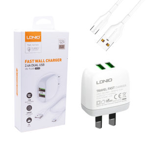 Cargador LDNIO A2218 Carga Rápida 12W 2 Puertos USB-A 2.4A + Cable USB-A a Micro USB 1 Metro