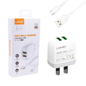 Cargador LDNIO A2218 Carga Rápida 12W 2 Puertos USB-A 2.4A + Cable USB-A a USB-C 1 Metro