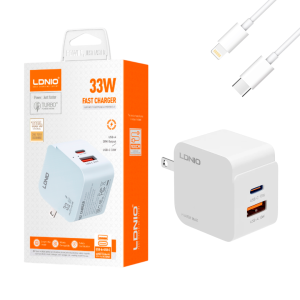 Cargador LDNIO Q2 Carga Rápida 33W 2 Puertos USB-A USB-C + Cable USB-C a Lightning 1 Metro