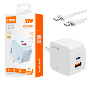 Cargador LDNIO Q2 Carga Rápida 33W 2 Puertos USB-A USB-C + Cable USB-C a USB-C 1 Metro