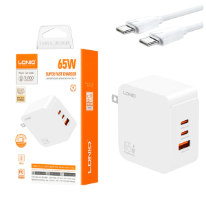 Cargador LDNIO Q4 Carga Rápida 65W 3 Puertos USB-A USB-C USB-C + Cable USB-C a USB-C 1 Metro